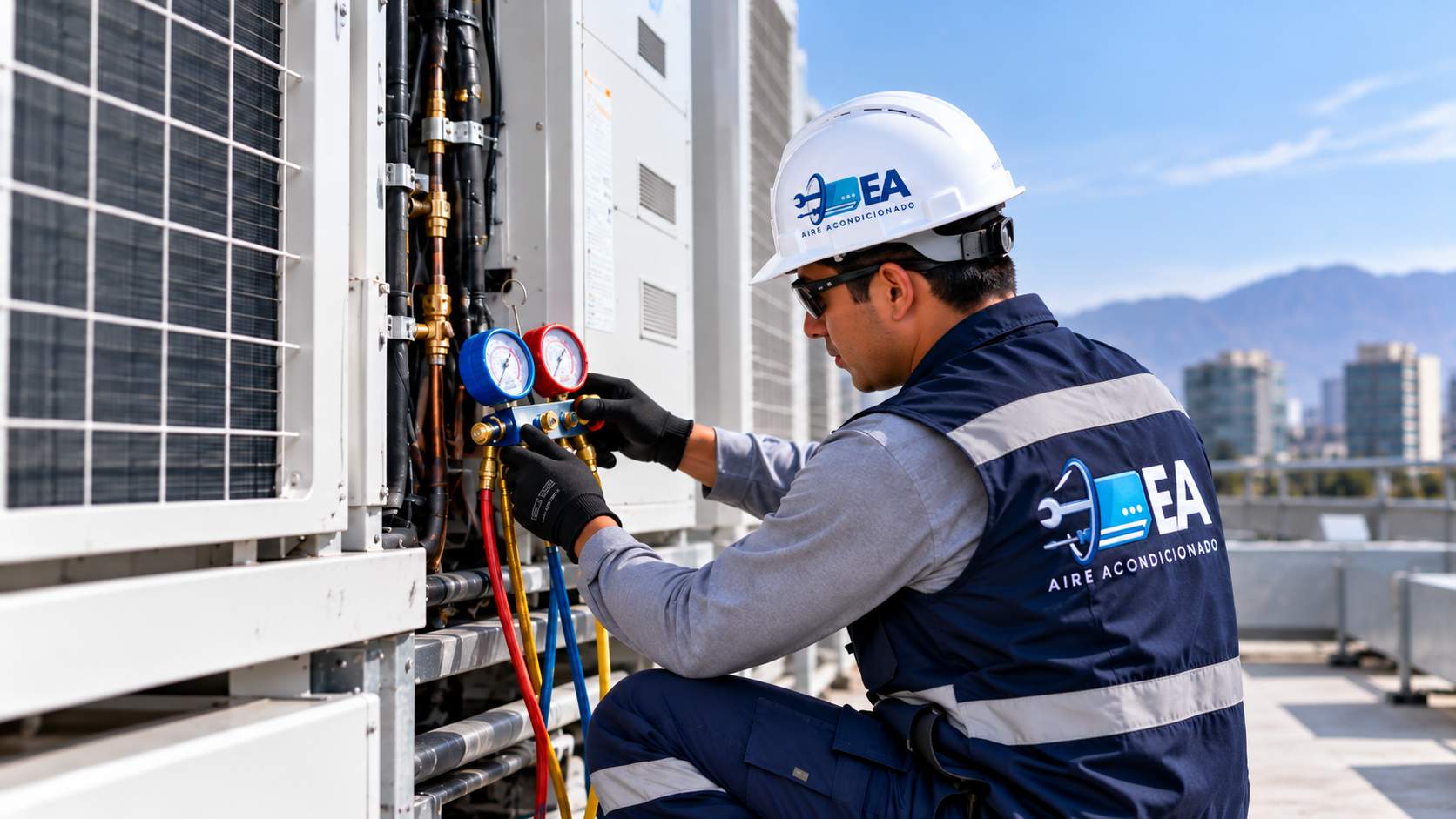 Técnico de E&A con casco y chaleco tomando lecturas con manómetros en las condensadoras de un sistema VRF en una azotea