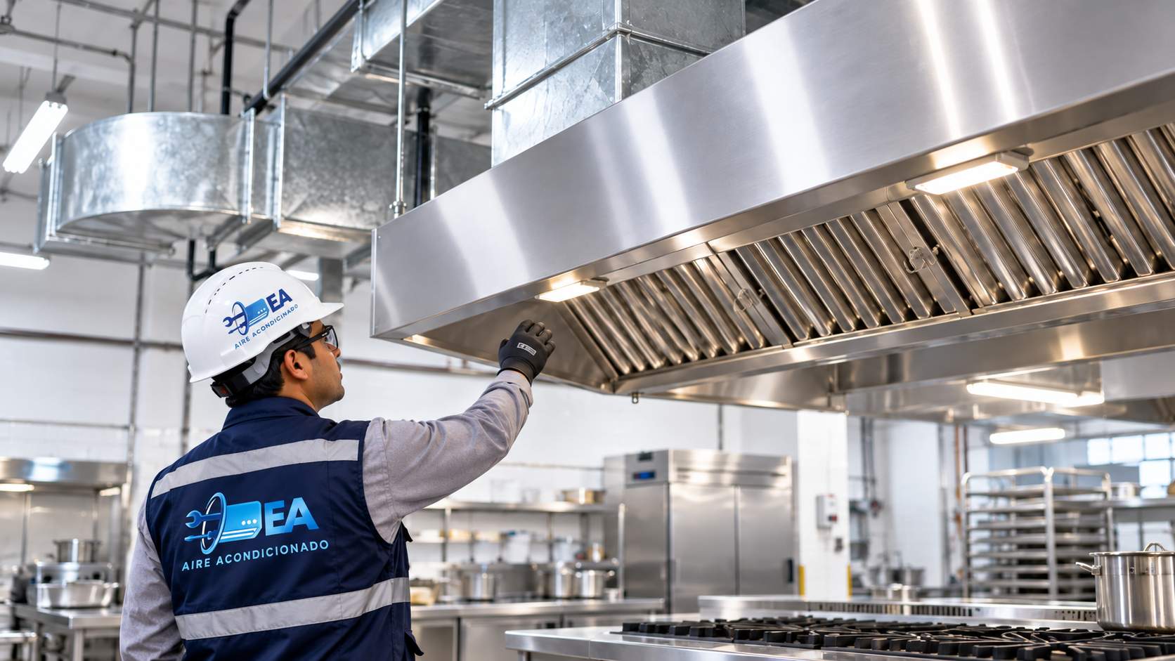 Técnico de E&A con casco y chaleco junto a una campana extractora de acero inoxidable y ductos galvanizados en una cocina industrial