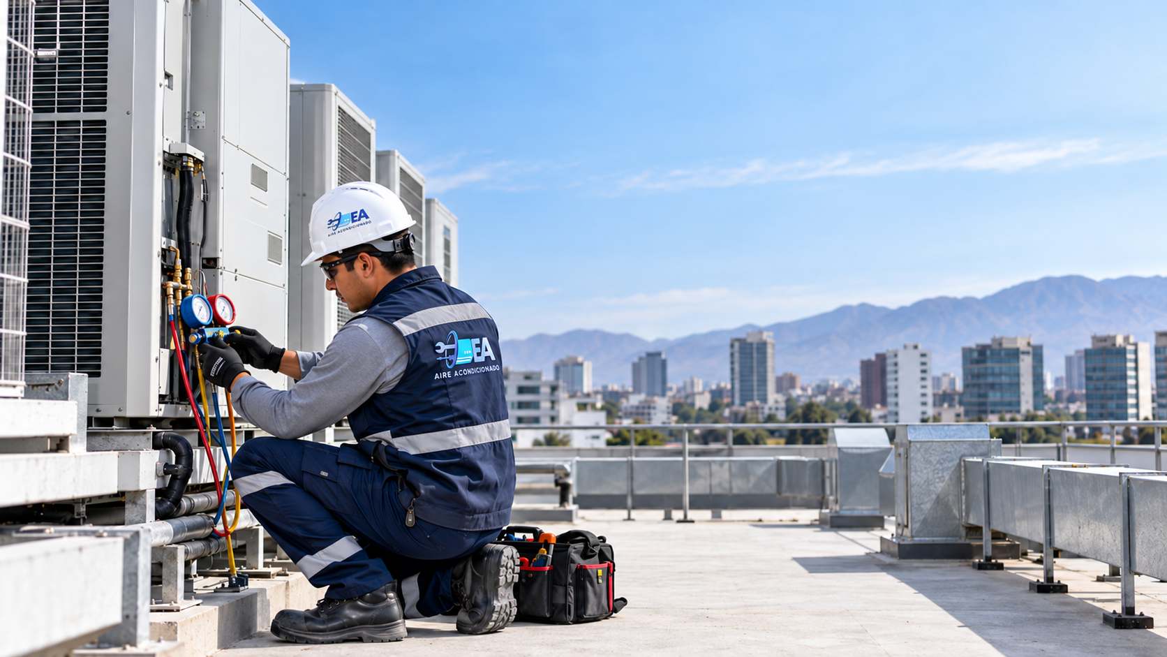 Técnico de E&A con casco y chaleco arrodillado frente a condensadoras VRF en una azotea, con manómetros en las manos y la ciudad al fondo