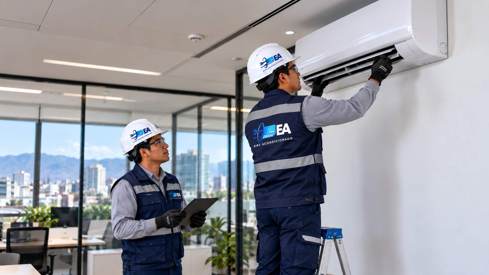 Técnico de E&A con casco y chaleco sobre una escalera revisando un equipo split de pared en una oficina, mientras un compañero toma notas en una tableta