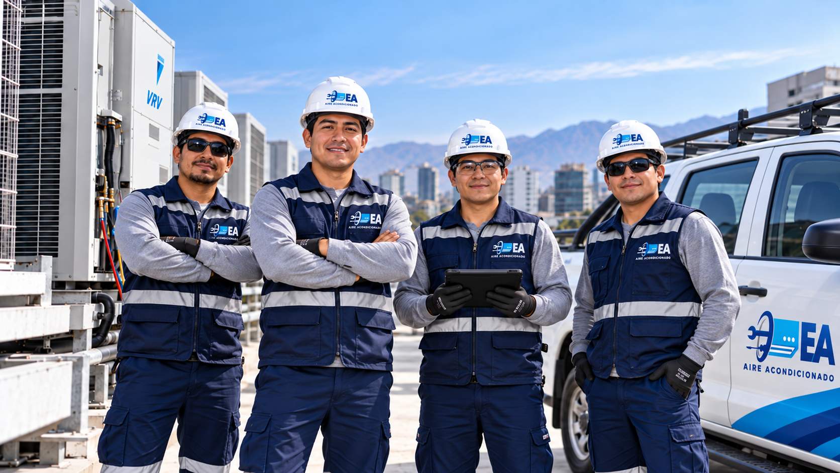 Cuatro técnicos de E&A con casco y chaleco, de pie junto a equipos VRF y a una camioneta de la empresa en una azotea